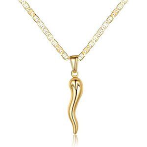 18K Gold Plated Flat Marina Chain With Italian Horn Necklace Cornicello